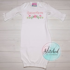 Baby girl ruffle gown white with pink flower floral border monogrammed personalized embroidered newborn coming home hospital outfit gift