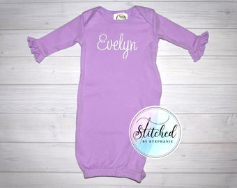 Baby girl lavender ruffle gown with name monogrammed personalized embroidered newborn coming home outfit baby shower gift