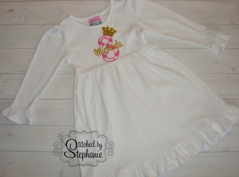 Girls Princess Tiara Crown Birthday Number applique white long sleeve ruffle dress monogrammed embroidered initial personalized name
