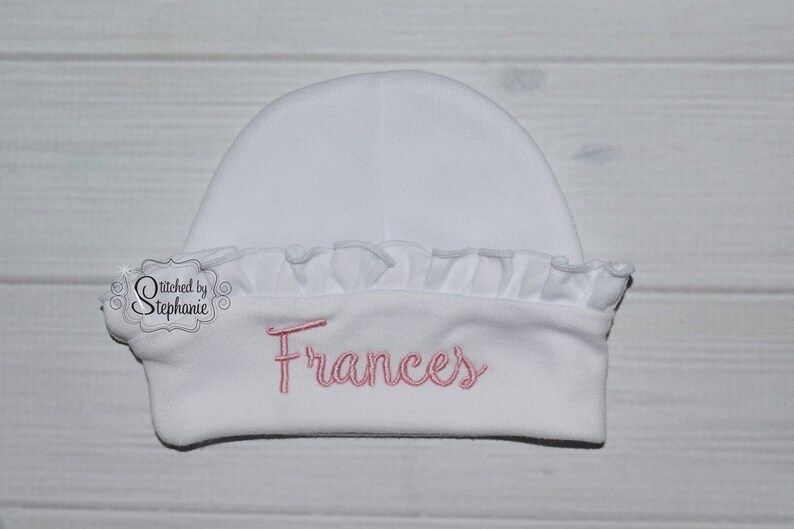 Baby girls white ruffled beanie hat monogrammed pink name embroidered personalized baby shower gift photo prop