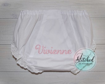 Baby girl light pink personalized name bloomers monogrammed eyelet ruffle panties diaper cover baby shower gift