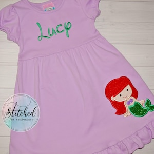 Little Girls Mermaid Applique Lavender Dress Purple short sleeve ruffle dress monogrammed embroidered initial personalized name