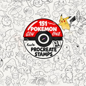 Puede incluir: Una colección digital de 151 ilustraciones de personajes en blanco y negro dispuestas alrededor de un emblema circular rojo, blanco y negro con el texto 151 POKEMON GEN ONE KANTO PROCREATE STAMPS SI NA y una ilustración amarilla de Pikachu.