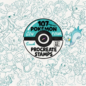 Può includere: Una collezione digitale di 107 timbri Procreate Pokemon Gen Four Sinnoh con illustrazioni a linee color verde acqua di varie creature su uno sfondo a griglia bianco, centrata su un badge circolare con il testo 107 Pokemon Gen Four.