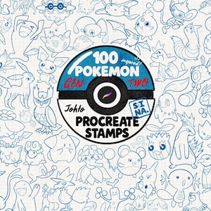 May include: A digital graphic featuring a central Poké Ball icon with the text 100 POKEMON GEN TWO PROCREATE STAMPS Johto SINA. The background is filled with a repeating pattern of blue line art illustrations of various fictional creatures.