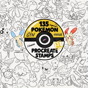 Puede incluir: Una colección digital de 135 sellos para Procreate inspirados en Pokemon, con ilustraciones de líneas de varias criaturas. El gráfico circular central se asemeja a una bola amarilla y negra con el texto 135 Pokemon Gen Three Procreate Stamps.