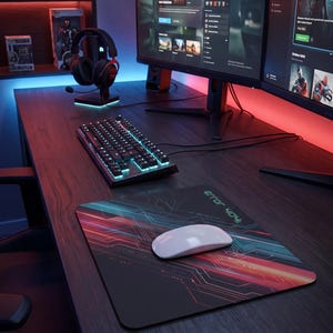 Può includere: Un tappetino per mouse rettangolare nero con un motivo a circuito digitale in rosso e blu, con il testo "error 404" stampato in verde. Un mouse per computer bianco e liscio poggia sulla superficie del tappetino, posizionato su una scrivania in legno scuro.