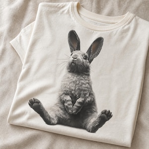 Camiseta de mujer con estampado de conejo sentado, camiseta gráfica de conejito expresivo, camiseta de algodón suave.