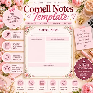 May include: A Cornell Notes template featuring a central page with sections for date, class, topic, cues, questions, and summary. The design includes pink floral accents, gold borders, and text labels such as Morisset Study Hall, The Classic Note-Taking Method, and Instant Download.
