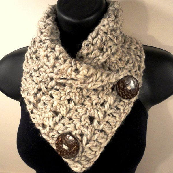 Wool Blend, Bulky, Crochet Scarf , Button Scarf, Crochet Cowl,  Oatmeal, Tan Off White with Flecks