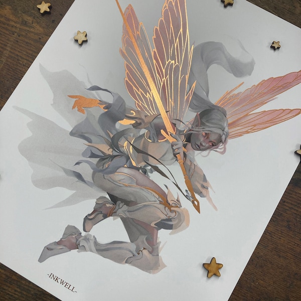 Dragon Fly Knight ROSE GOLD leaf/ Foil print 8x10 Fairy