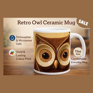 Retro 70-tals uggla keramikmugg – Vintage kaffekopp, 30 cl vit mugg