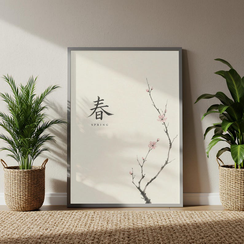 Japanese Spring Cherry Blossom Wall Art, Minimalist Seasonal Kanji ...