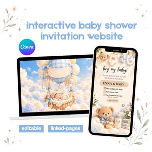 Puede incluir: Una plantilla de sitio web interactivo para invitaciones de baby shower mostrada en una laptop y un teléfono inteligente. El diseño presenta un globo aerostático de cuadros azules, un bebé durmiendo, ositos de peluche y el texto "hey my baby!".