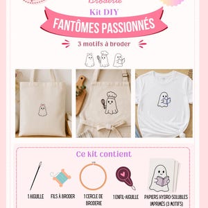 Peut inclure: Un kit de broderie DIY YASSM NA Broderie Fantômes Passionnés avec trois motifs de fantômes. Comprend un tote bag, un tablier et un t-shirt brodés, ainsi qu'une aiguille, du fil, un cercle, un enfile-aiguille et trois papiers hydrosolubles.