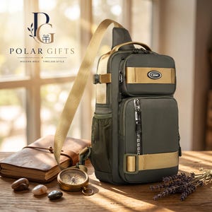 May include: An olive green sling backpack featuring a tan shoulder strap, multiple zippered compartments, a side mesh pocket, and a small oval patch labelled SPORT. The bag includes a vertical strip with the text PROFESSIONAL and a tan horizontal strap.