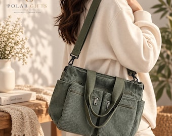 Czarna torba listonoszka z kordu, torba na ramię z wieloma kieszeniami, swobodna torba typu crossbody
