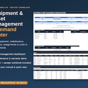 Pode incluir: Um modelo de Excel para gestão de equipamentos e ativos com fundo azul escuro e texto branco. O layout exibe um painel de controlo, alertas de manutenção e garantia, e tabelas de rastreamento de ativos para monitorizar os custos.