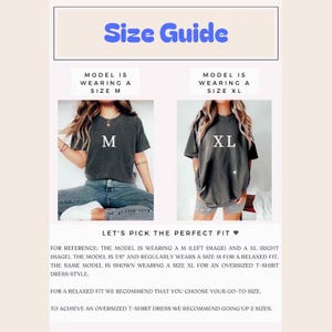 May include: A size guide graphic featuring two images of a charcoal grey t-shirt. The left image shows a size M, and the right image shows a size XL. Text includes Size Guide, Model is wearing a size M, Model is wearing a size XL, and Let's pick the perfect fit, along with sizing recommendations for a relaxed or oversized fit.