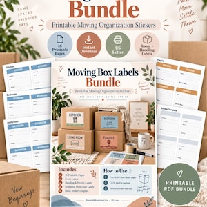 Könnte beinhalten: Ein druckbares Umzugskartons-Etiketten-Set mit 16 Seiten Organisationsaufklebern. Das Paket enthält raumspezifische Etiketten für Küche, Schlafzimmer, Badezimmer und Wohnzimmer sowie Aufkleber für zerbrechliche Gegenstände und Prioritäten.