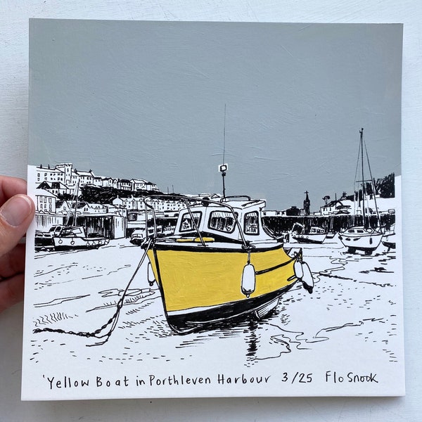 Yellow Boat, Porthleven / Cornwall / Hand painted print