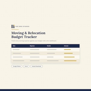 May include: A digital Moving & Relocation Budget Tracker spreadsheet template featuring a dark blue header with columns for Date, Expense, Vendor, and Amount. The interface includes buttons for Google Sheets, Excel, and Instant Download options.