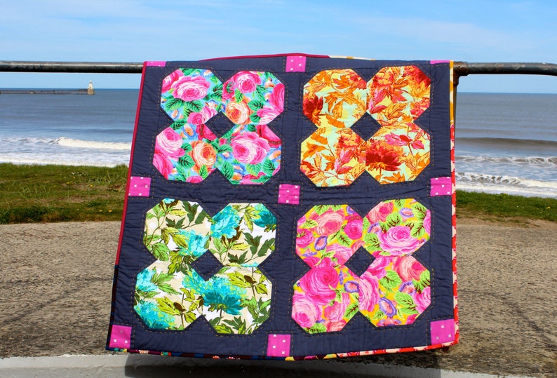 Floral Patchwork Quilt, Grey Pink and Blue Flower Pattern, Lap Quilt Baby Blanket image 2