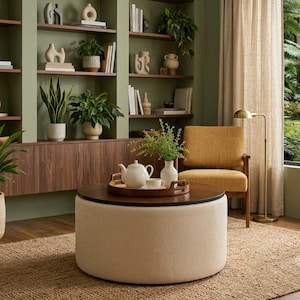 Wooden Top Round Coffee Table with Storage Ottoman, Farmhouse Living Room Centre Table