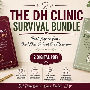 May include: The DH Clinic Survival Bundle includes two digital PDF guides, one maroon and one sage green, featuring dental hygiene icons and text. The set includes a mug with a tooth graphic, a gold pen, and icons for patient management and scheduling.
