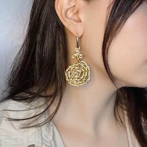 Handmade Gold Wire Rosette Earrings | Spiral Wire Crochet Dangle Earrings | Boho Statement Jewelry |