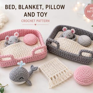 May include: A crochet pattern for a bed, blanket, pillow, and toy. The image shows two rectangular crochet beds, one pink and one gray, each containing a small crocheted mouse, a cream blanket, and a round pillow. A gray whale toy is also included.