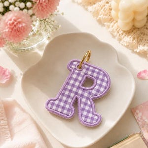 Custom Initial Letter Keychain, Gingham Fabric Bag Charm, Aesthetic Monogram Key Fob, Pastel Pink Blue Purple Green Gift for Her