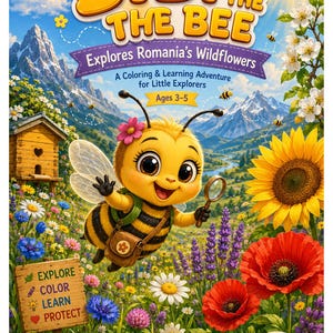 May include: A coloring and learning book cover titled Bibi the Bee Explores Romania's Wildflowers. It features a cartoon bee with a magnifying glass, a wooden beehive, sunflowers, poppies, and mountains. Text includes Explore, Color, Learn, Protect.