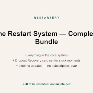 Pode incluir: Um gráfico informativo de cor creme intitulado The Restart System — Complete Bundle. Lista funcionalidades incluindo o sistema central, um conjunto de cartões Dropout Recovery e atualizações vitalícias sem subscrição. O texto diz Built to be restarted, not maintained.