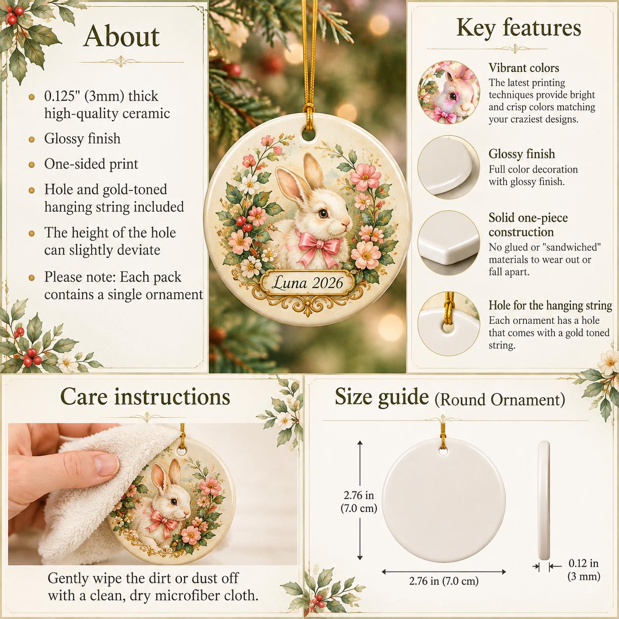 2026 White Horse Christmas Ornament, Gold Laurel Wreath Ceramic