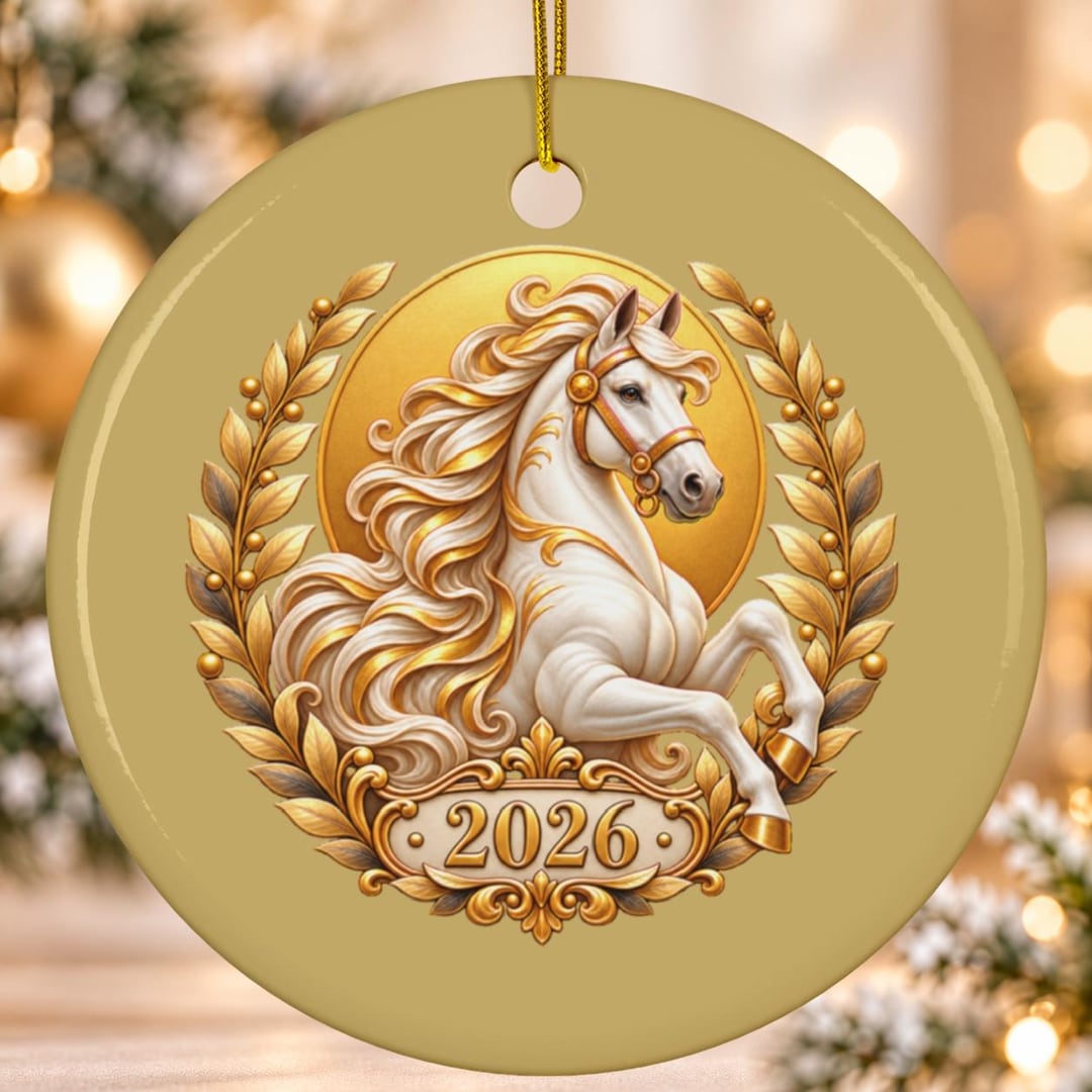 2026 White Horse Christmas Ornament, Gold Laurel Wreath Ceramic