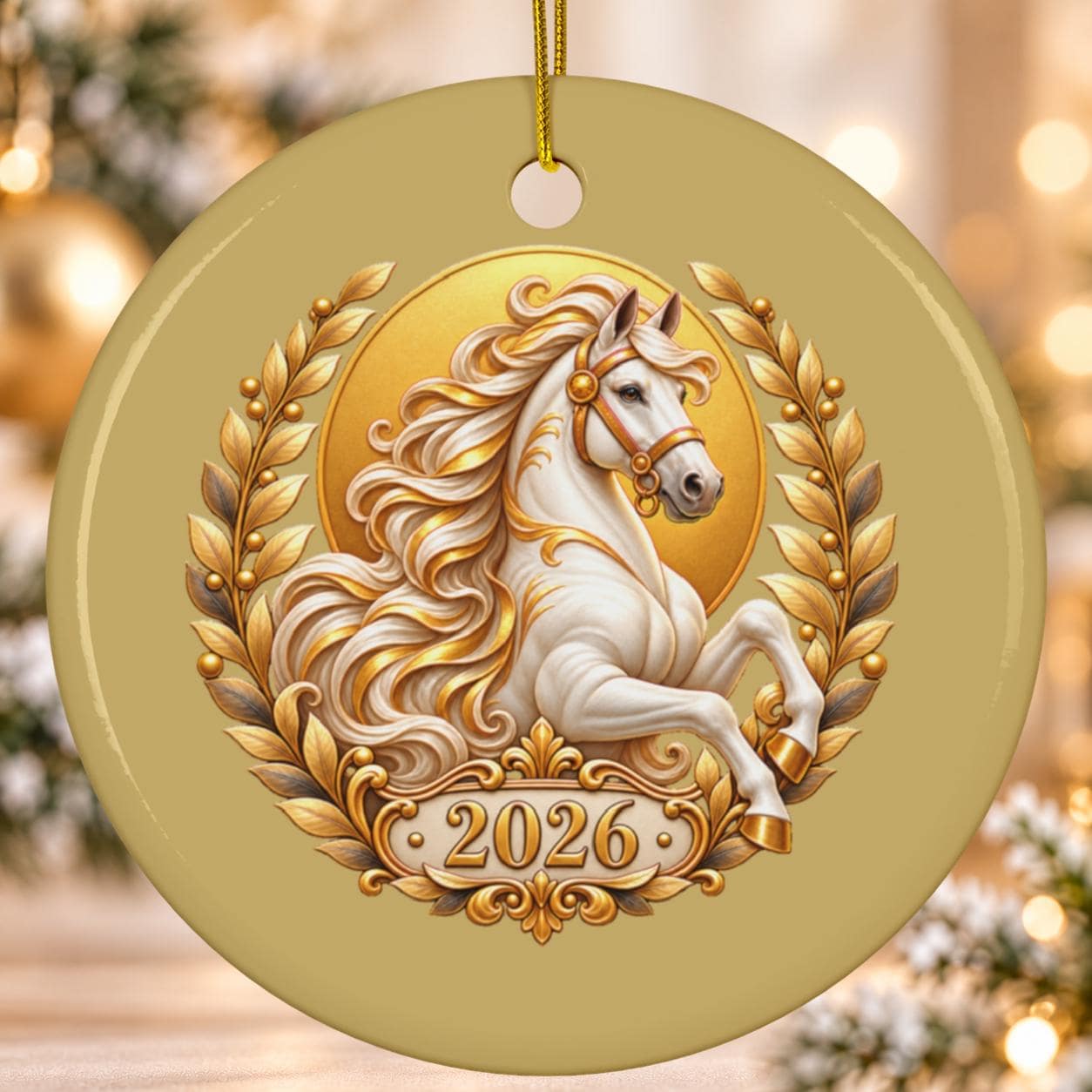 2026 White Horse Christmas Ornament, Gold Laurel Wreath Ceramic