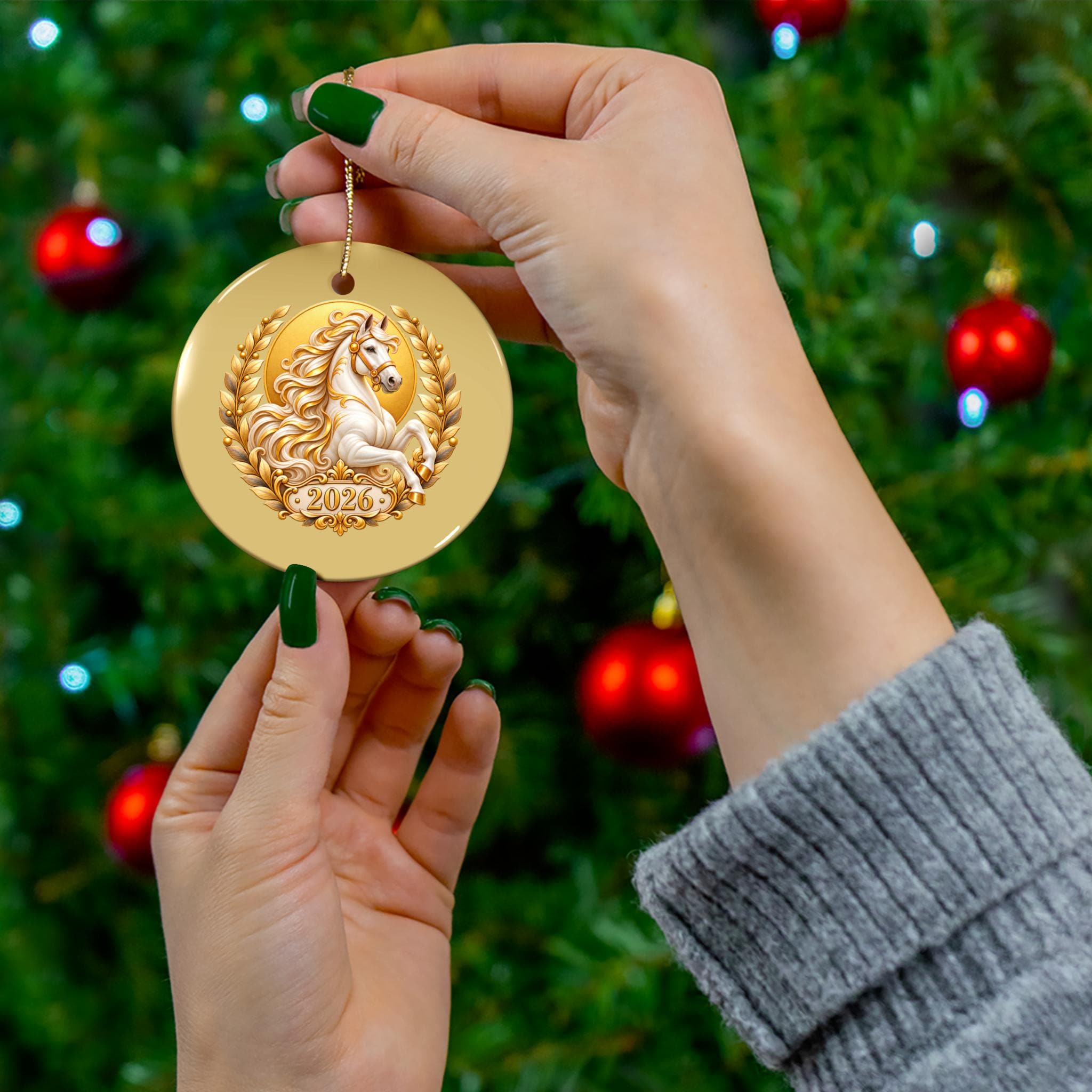 2026 White Horse Christmas Ornament, Gold Laurel Wreath Ceramic