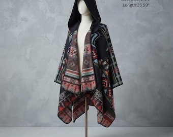 Men's Ethnic Knit Poncho Cape, Travel Wrap, Autumn Winter Layer (One Size)