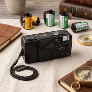 May include: A black Yashica AW-mini 35mm film camera featuring a built-in flash, an autofocus lens, and a black wrist strap. The camera body displays the brand name Yashica and the model name AW-mini in white and red text on the front panel.