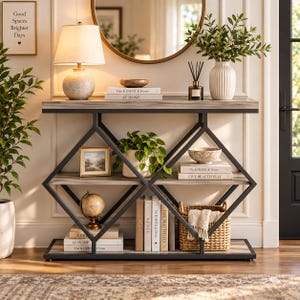 May include: A console table with a black metal geometric frame and three light wood-grain shelves. The table holds a lamp, books, a globe, a woven basket, and decorative items. The top shelf features the text The Kinfolk Home At Home.