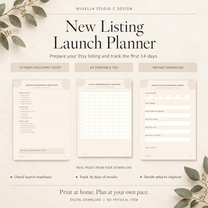 Op de afbeelding: Een digitale planner voor nieuwe productvermeldingen met 10 pagina's, A4-printbaar PDF en directe download. Bevat een checklist voor gereedheid, een 14-daagse prestatietracker en een beslissingsblad voor na de lancering van een Etsy-item.