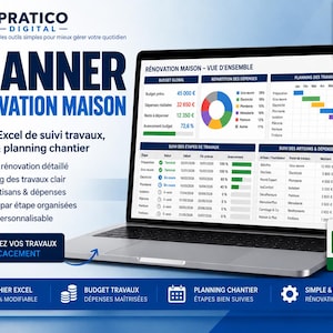 Peut inclure: Un écran d'ordinateur affichant un tableau de bord Excel de suivi de rénovation maison. L'interface présente des sections pour le budget, la répartition des dépenses, le planning des travaux et le suivi des artisans avec des graphiques.