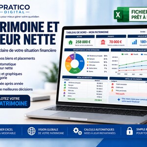 Peut inclure: Un écran d'ordinateur portable affichant un tableau de bord financier intitulé PATRIMOINE ET VALEUR NETTE. L'interface comprend un graphique en secteurs, une courbe d'évolution de la valeur nette et des tableaux détaillant les actifs et passifs en euros.