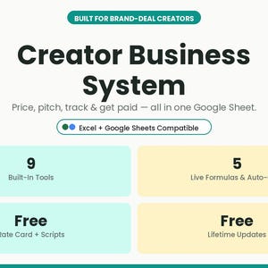 May include: A digital product graphic titled Creator Business System, built for brand-deal creators. It features nine built-in tools, five live formulas, auto-calc, and free rate card, scripts, and lifetime updates, compatible with Excel and Google Sheets.