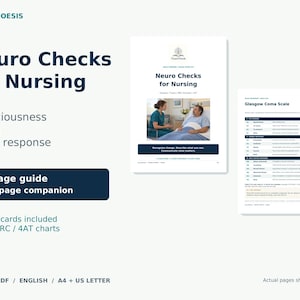 Könnte beinhalten: Ein 32-seitiger Neuro Checks for Nursing Leitfaden und ein 12-seitiger Begleiter, inklusive 8 Lernkarten mit GCS-, MRC- und 4AT-Tabellen. Das digitale PDF enthält weiße Seiten mit dunkelblauem Text, Diagrammen und klinischen Bewertungstabellen.