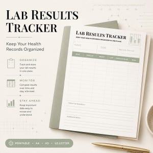 Puede incluir: Un documento imprimible Lab Results Tracker que presenta una tabla con columnas para fecha, prueba, resultado, unidad, rango de referencia y notas. El encabezado incluye el texto Lab Results Tracker y Keep Your Health Records Organized in One Place.