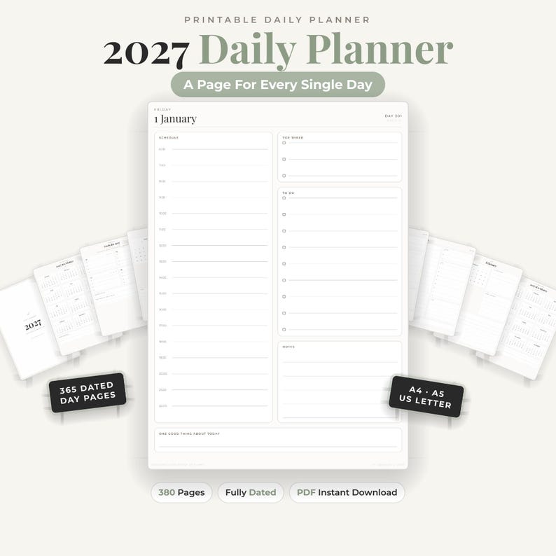 2027 Daily Planner Printable, Dated Hourly Planner PDF, A4 A5 US Letter ...