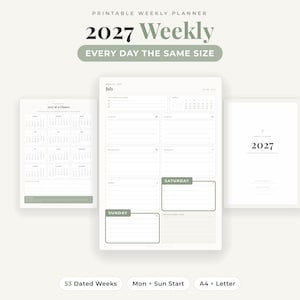 以下が含まれることがあります： 2027年版の印刷可能なウィークリープランナーセット。年間カレンダーの概要、各日の罫線付きセクションがある詳細な週間スケジュールページ、表紙が含まれています。白地に黒の文字とセージグリーンのアクセントが特徴的なデザインです。