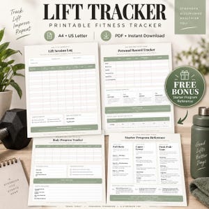 Op de afbeelding: Een printbare fitness tracker set genaamd Lift Tracker, bestaande uit een trainingslogboek, een persoonlijk record tracker, een lichaamsvoortgang tracker en een programmabreferentie. Wit met saliegroene accenten en tekst.